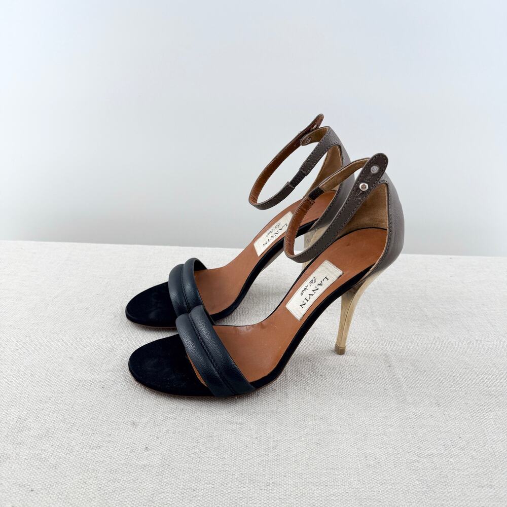 Vintage Lanvin Leather Ankle Strap Stilettos Strappy Sandals Black Gold EU 37